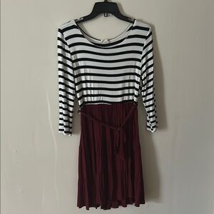Chic Striped Long Sleeve Dress with Burgundy Skirt